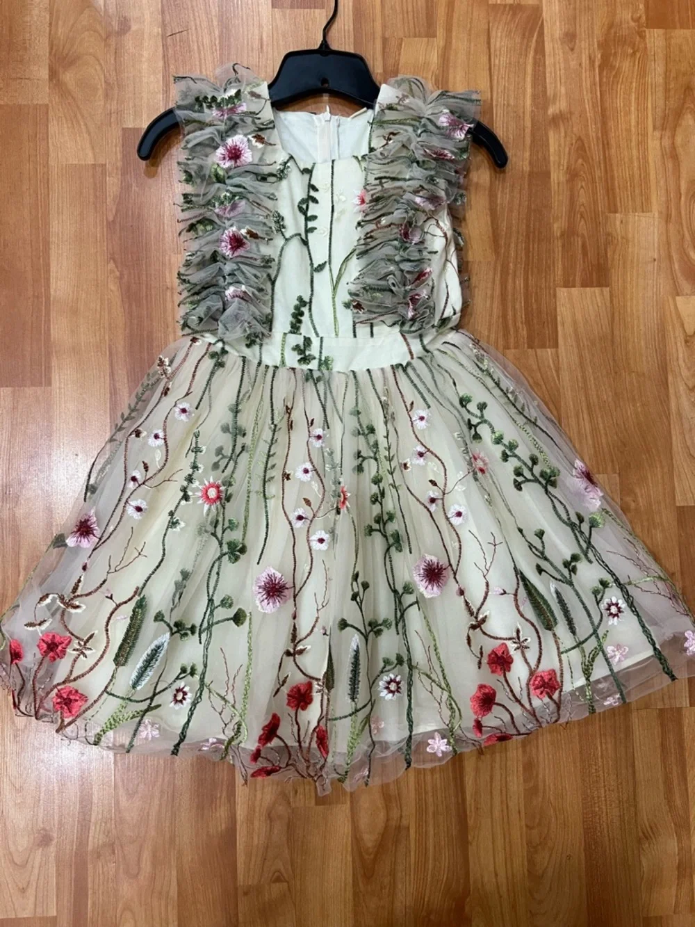 Girls Cream Floral Embroidered Tulle Dress - Picture 3 of 5